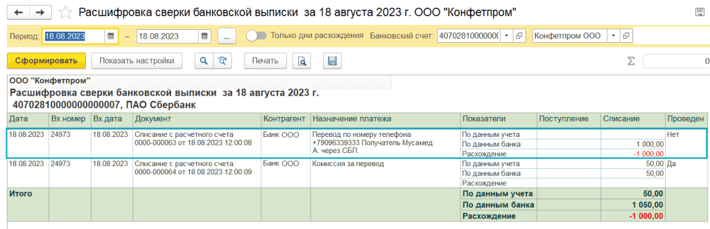Расшифровка расхождений по операциям